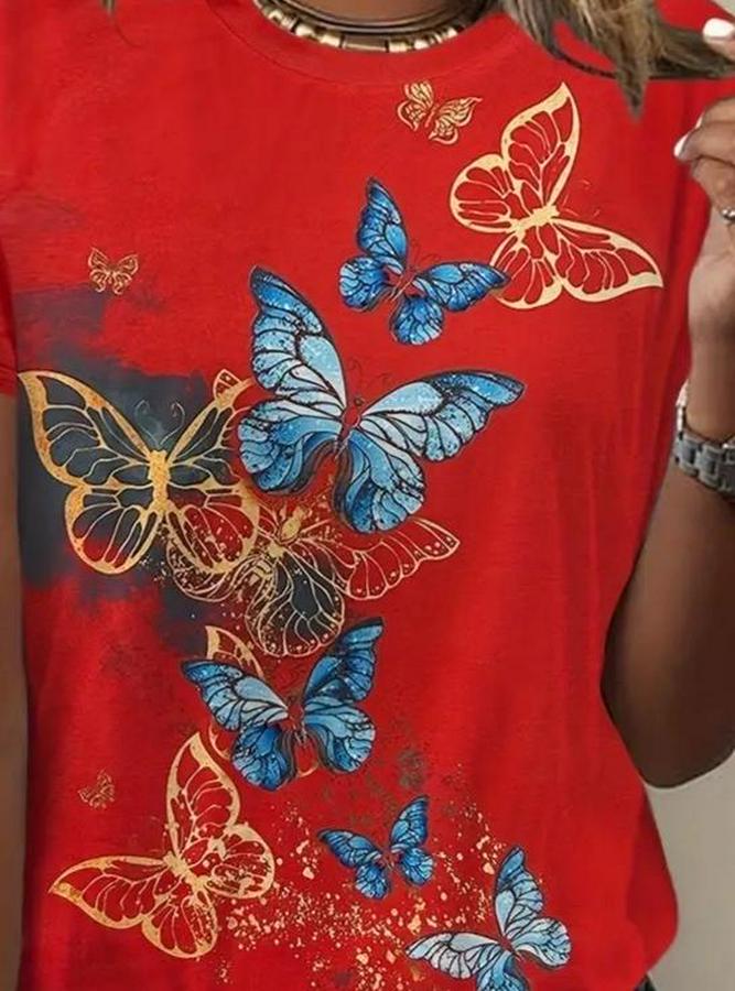 Kısa Kollu Mavi Sarı Kelebek Baskı Süprem Bluz