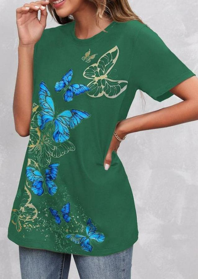 Kısa Kollu Mavi Sarı Kelebek Baskı Süprem T-Shirt