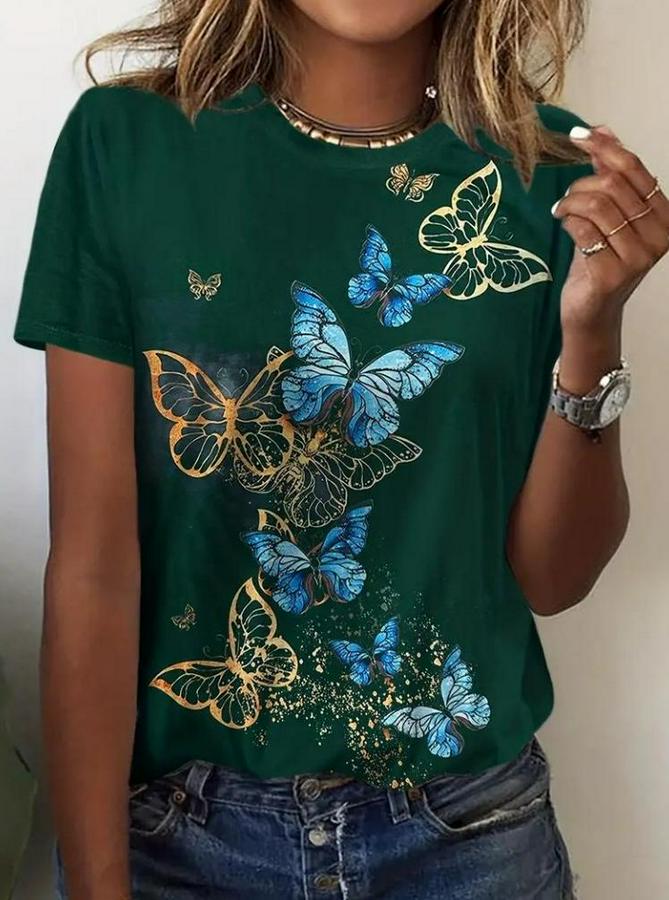 Kısa Kollu Mavi Sarı Kelebek Baskı Süprem T-Shirt