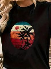 Kısa Kollu Palmiye Baskılı Viskon T-Shirt