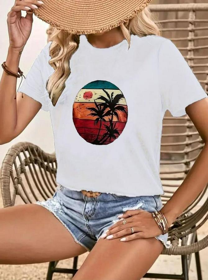Kısa Kollu Palmiye Baskılı Viskon T-Shirt