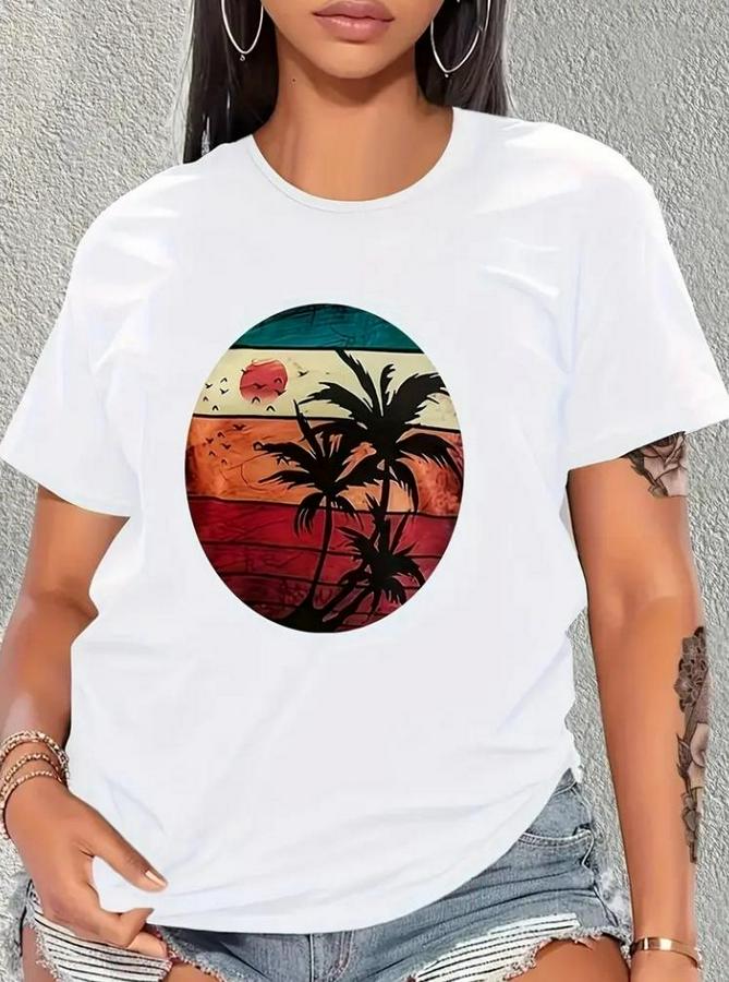 Kısa Kollu Palmiye Baskılı Viskon T-Shirt