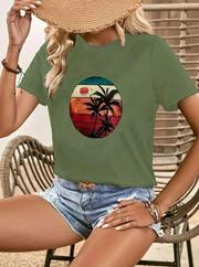 Kısa Kollu Palmiye Baskılı Viskon T-Shirt