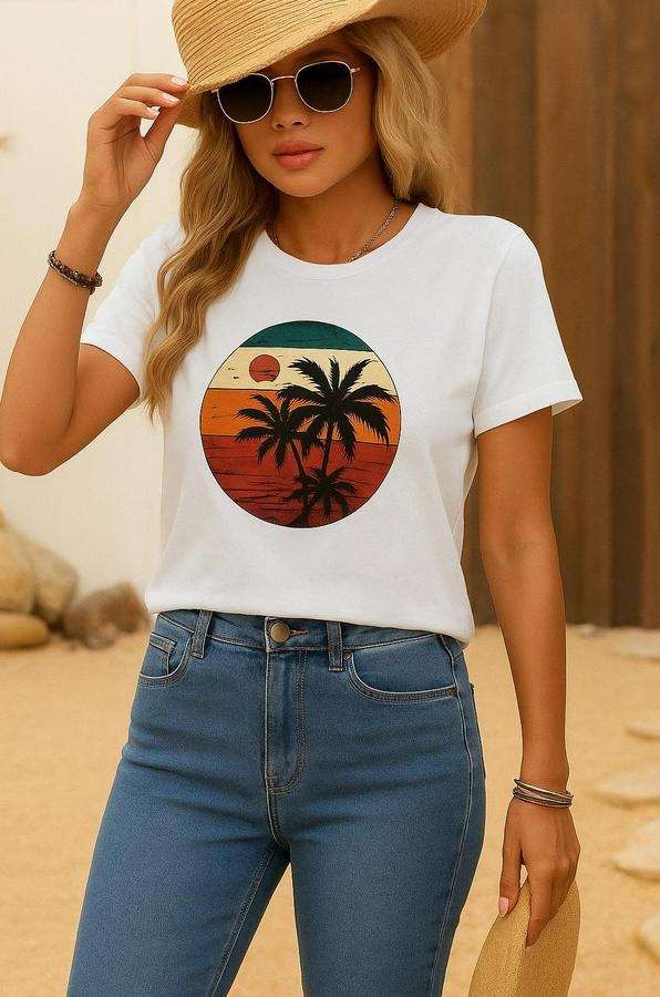 Kısa Kollu Palmiye Baskılı Viskon T-Shirt