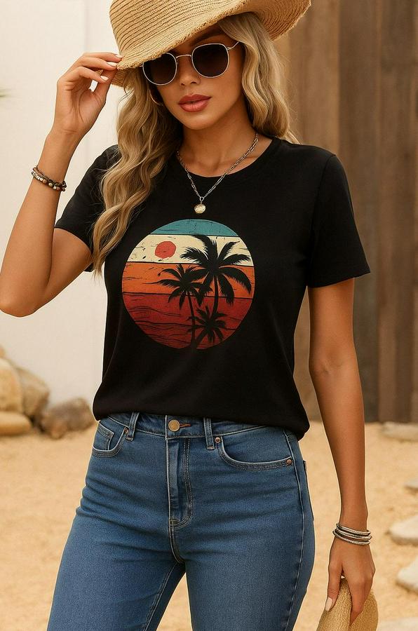 Kısa Kollu Palmiye Baskılı Viskon T-Shirt