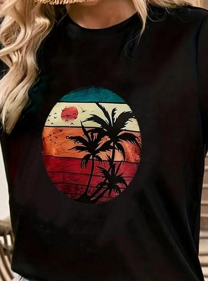 Kısa Kollu Palmiye Baskılı Viskon T-Shirt