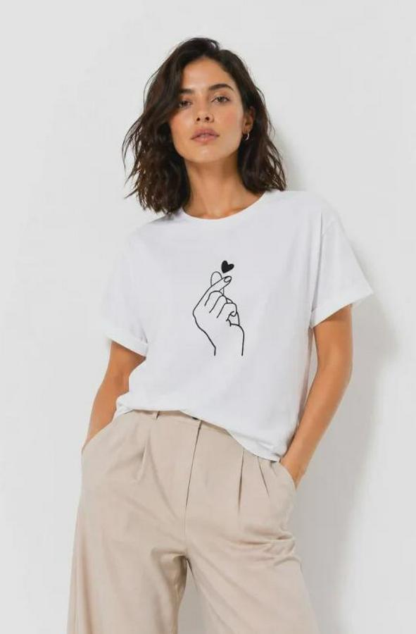 Kore Parmak Kalp Aşk Temalı Minimal Baskılı Tişört Yazlık Kısa Kol T-Shirt 
