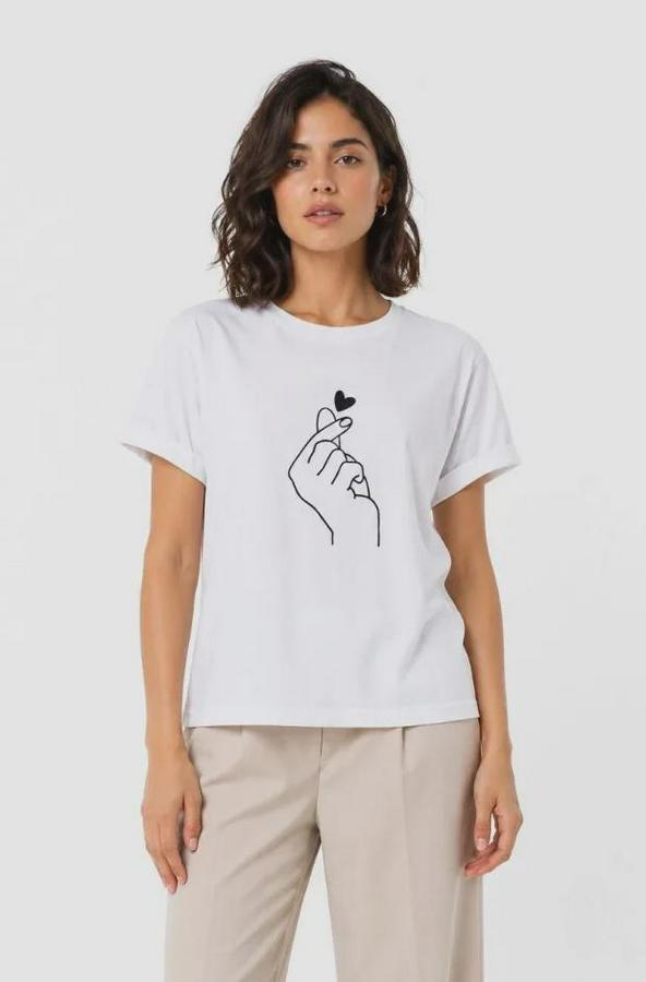 Kore Parmak Kalp Aşk Temalı Minimal Baskılı Tişört Yazlık Kısa Kol T-Shirt 