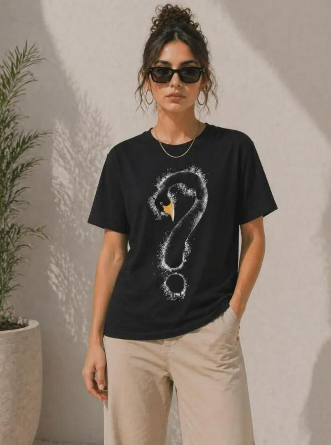 Kuğu Figürlü Soru Işareti Baskılı Tişört Kısa Kol T-Shirt