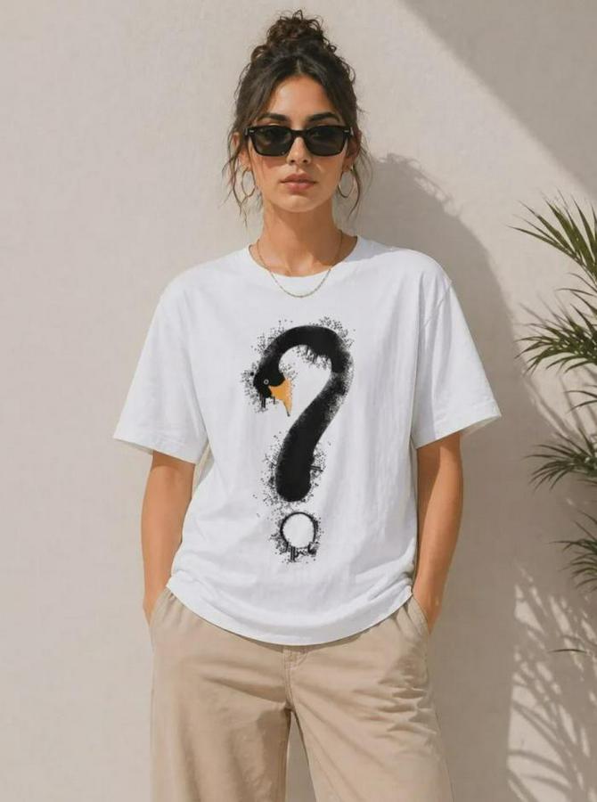 Kuğu Figürlü Soru Işareti Baskılı Tişört Kısa Kol T-Shirt