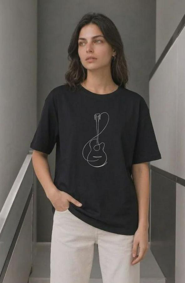 Minimal Gitar Baskılı Tişört T-Shirt Yazlık Kısa Kol Bisiklet Yaka T-Shirt