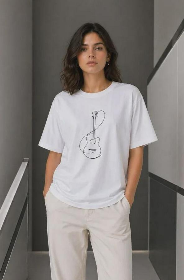 Minimal Gitar Baskılı Tişört T-Shirt Yazlık Kısa Kol Bisiklet Yaka T-Shirt 