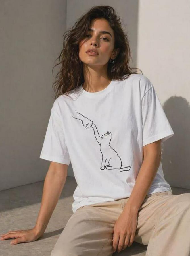 Minimal Kedi Çizim Baskılı Tişört Kısa Kol Yazlık T-Shirt