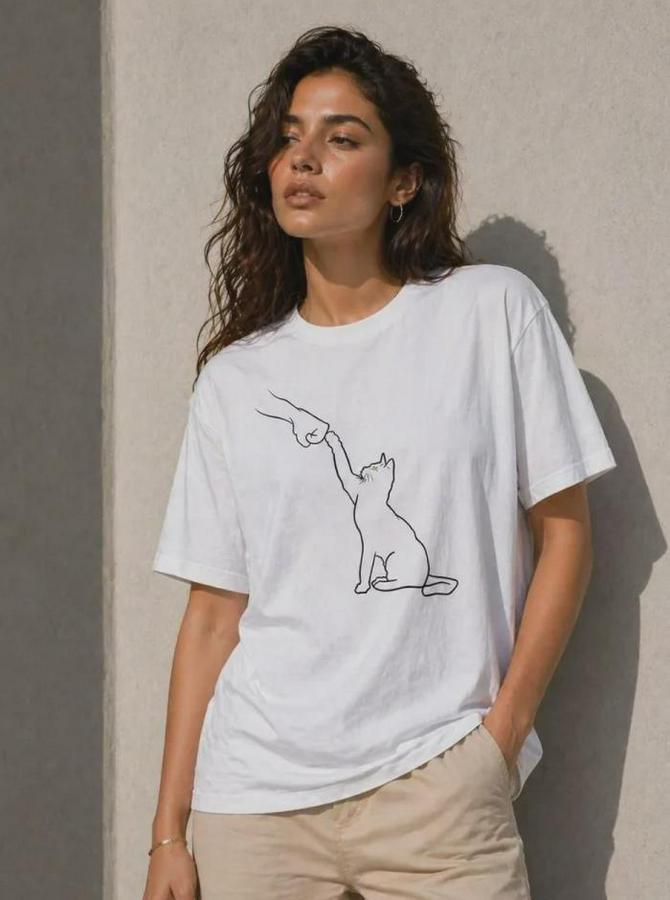 Minimal Kedi Çizim Baskılı Tişört Kısa Kol Yazlık T-Shirt