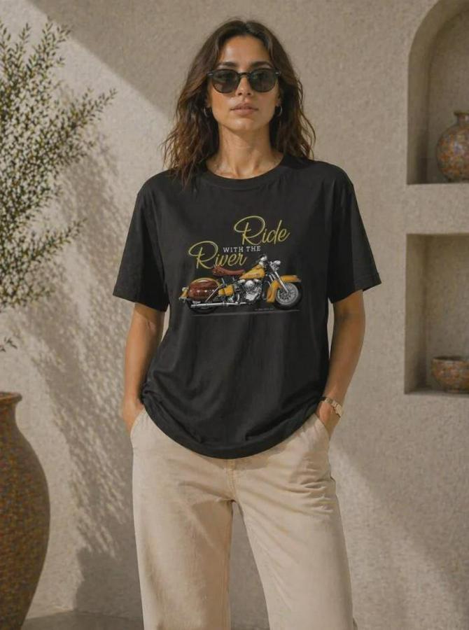Motosiklet Baskılı Tişört Bisiklet Yaka Kısa Kol Yazlık T-Shirt