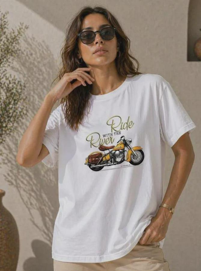 Motosiklet Baskılı Tişört Bisiklet Yaka Kısa Kol Yazlık T-Shirt