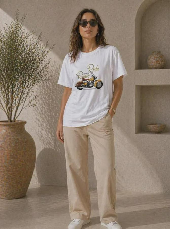 Motosiklet Baskılı Tişört Bisiklet Yaka Kısa Kol Yazlık T-Shirt