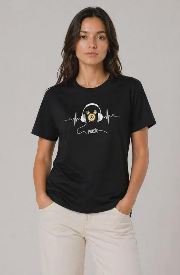 Müzik Temalı Baskılı Tişört Bisiklet Yaka Kısa Kol T-Shirt