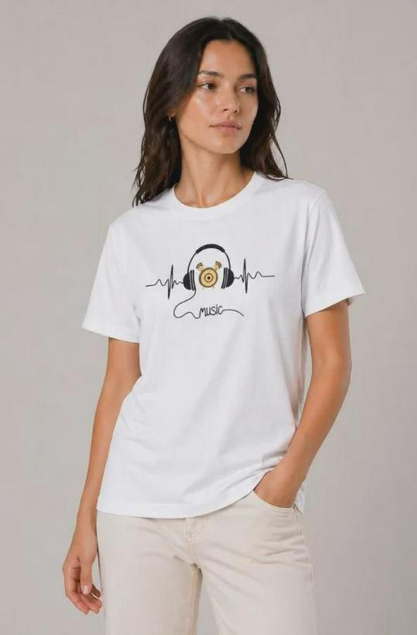 Müzik Temalı Baskılı Tişört Bisiklet Yaka Kısa Kol T-Shirt