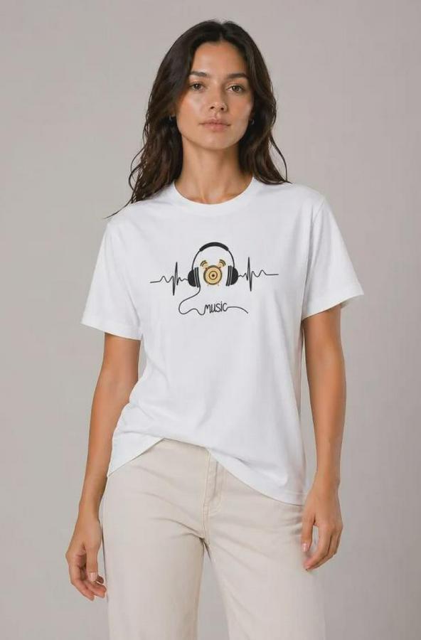 Müzik Temalı Baskılı Tişört Bisiklet Yaka Kısa Kol T-Shirt