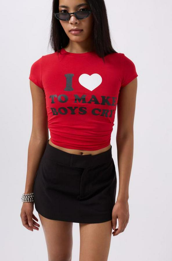 Nakış Detay Baskılı Crop T-Shirt