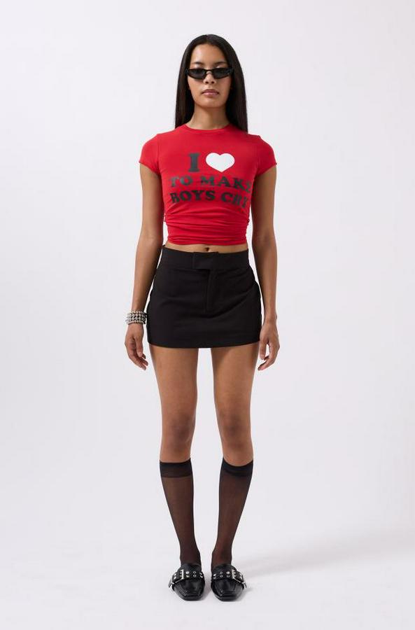 Nakış Detay Baskılı Crop T-Shirt