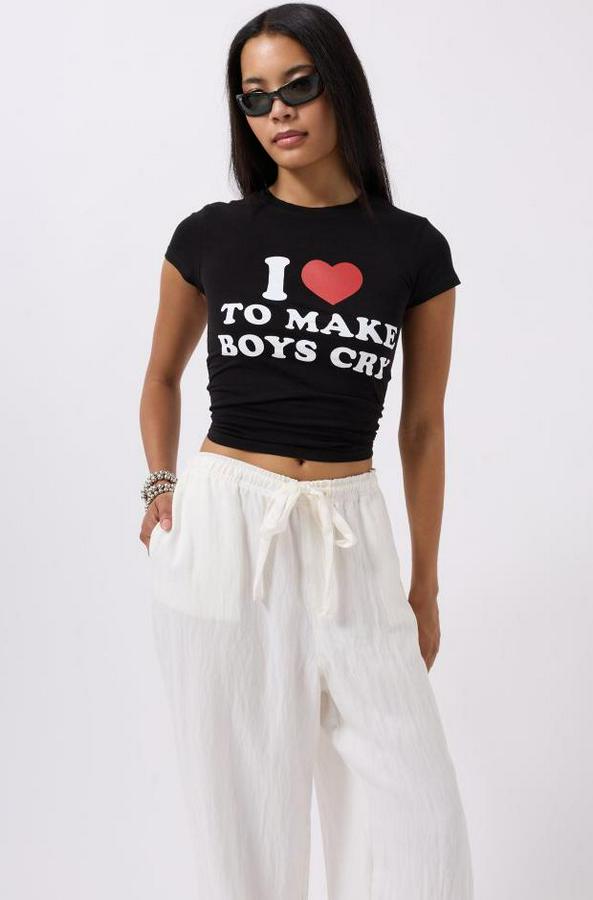 Nakış Detay Baskılı Crop T-Shirt