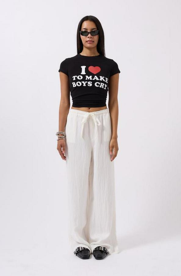 Nakış Detay Baskılı Crop T-Shirt