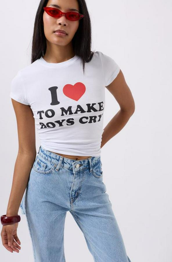 Nakış Detay Baskılı Crop T-Shirt