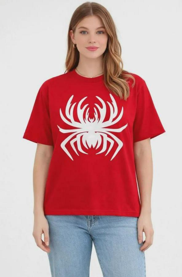 Örümcek Baskılı Tişört Kısa Kollu Bisiklet Yaka T-Shirt