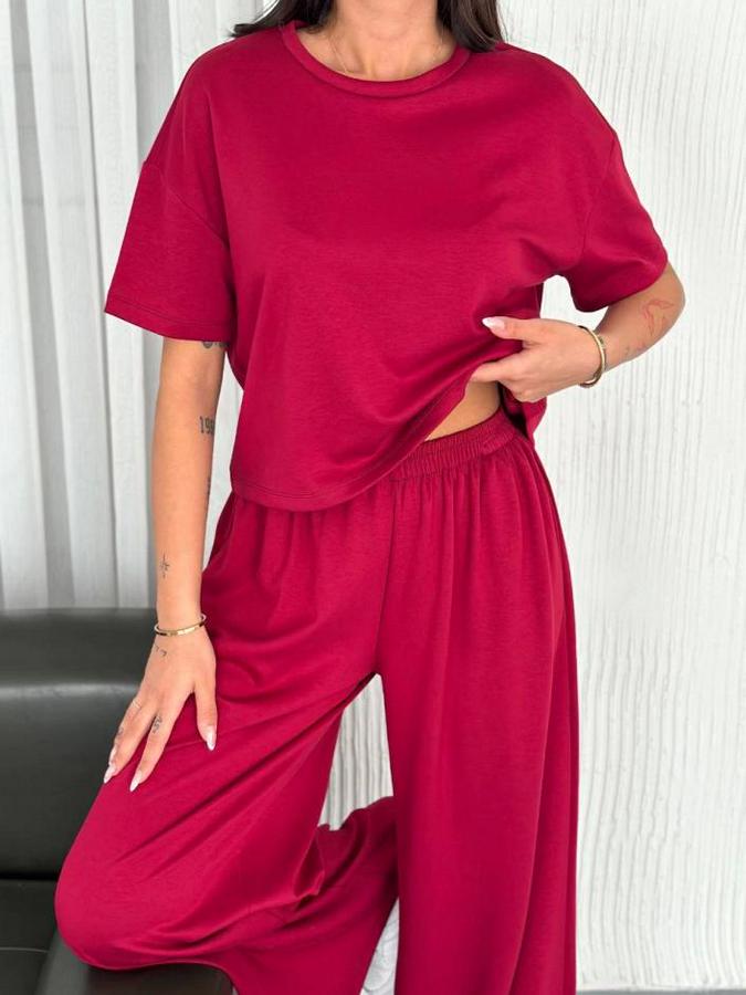 Osy Modal Yumuşak Dokulu Kumaş Bisiklet Yaka T-Shirt Bol Paça Pantalon Ikili Takım -Bordo