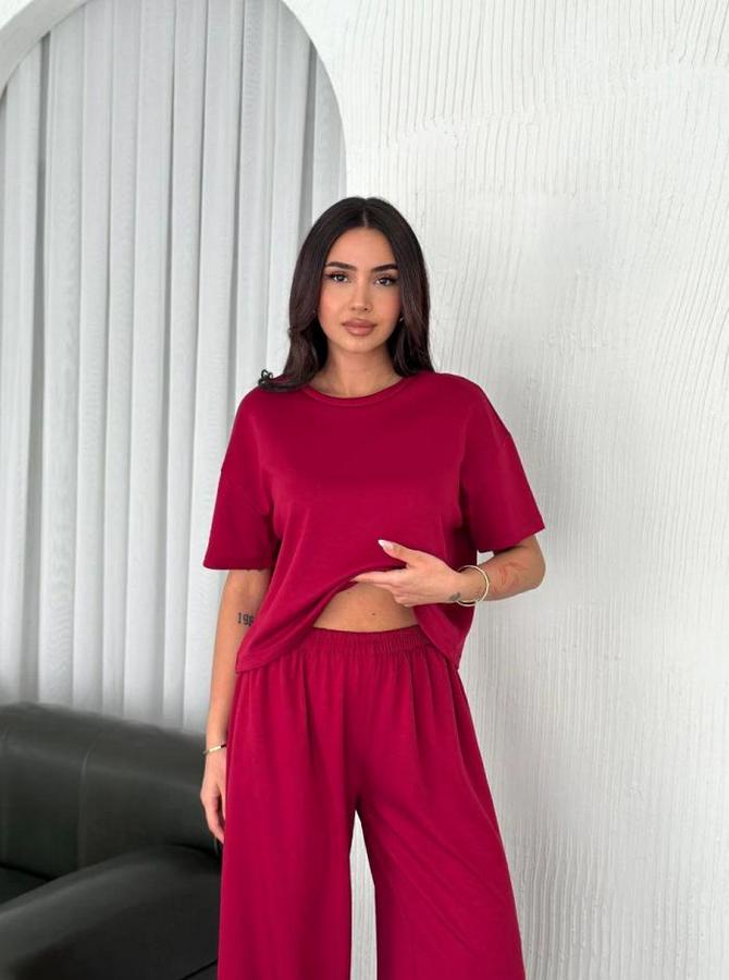 Osy Modal Yumuşak Dokulu Kumaş Bisiklet Yaka T-Shirt Bol Paça Pantalon Ikili Takım -Bordo