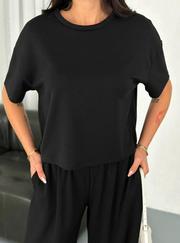 Osy Modal Yumuşak Dokulu Kumaş Bisiklet Yaka T-Shirt Bol Paça Pantalon Ikili Takım -Siyah