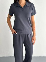 Osy Modal Yumuşak Dokulu Kumaş Kısa Kollu Yakalı T-Shirt Pantalon Ikili Takım- Antrasit