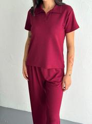 Osy Modal Yumuşak Dokulu Kumaş Kısa Kollu Yakalı T-Shirt Pantalon Ikili Takım- Bordo