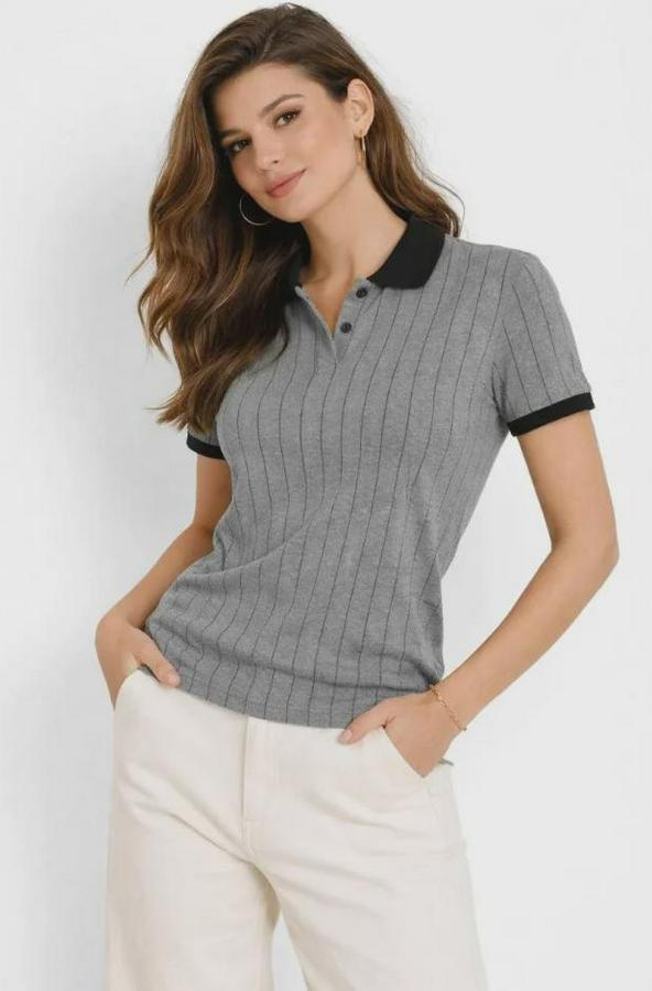 Polo Yaka Çizgili Tişört Kısa Kol Düğmeli Yazlık T-Shirt