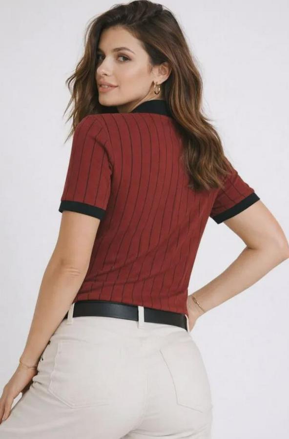 Polo Yaka Çizgili Tişört Kısa Kol Düğmeli Yazlık T-Shirt