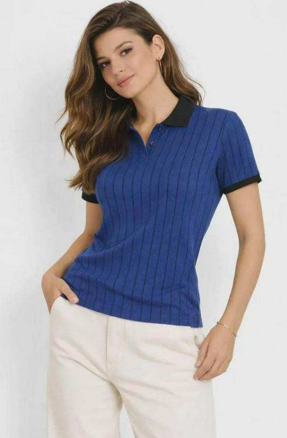 Polo Yaka Çizgili Tişört Kısa Kol Düğmeli Yazlık T-Shirt