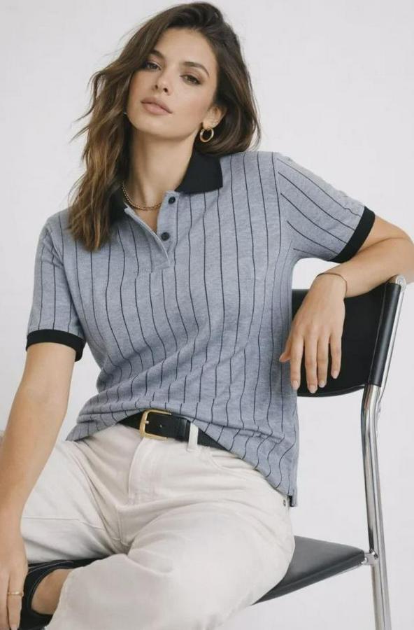 Polo Yaka Çizgili Tişört Kısa Kol Düğmeli Yazlık T-Shirt