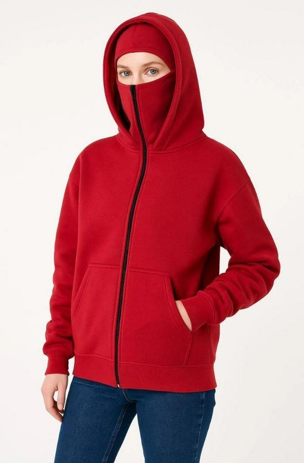 Samuray Ninja Çift Kapşonlu Zip Fermuarlı Kanguru Çepli Hoodie Maske Detaylı Swetshirt