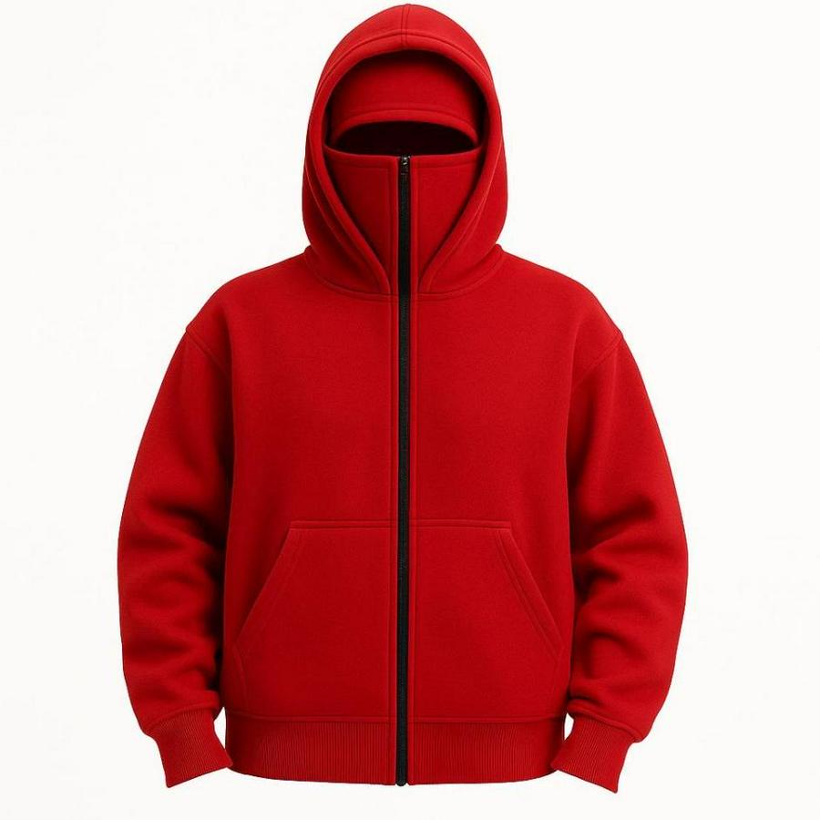 Samuray Ninja Çift Kapşonlu Zip Fermuarlı Kanguru Çepli Hoodie Maske Detaylı Swetshirt