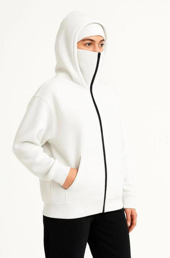 Samuray Ninja Çift Kapşonlu Zip Fermuarlı Kanguru Çepli Hoodie Maske Detaylı Swetshirt