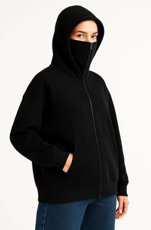 Samuray Ninja Çift Kapşonlu Zip Fermuarlı Kanguru Çepli Hoodie Maske Detaylı Swetshirt