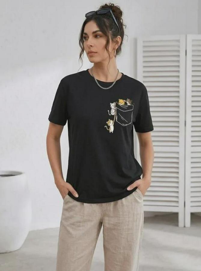 Sevimli Kedi Cep Baskılı Tişört Kısa Kol Yazlık T-Shirt