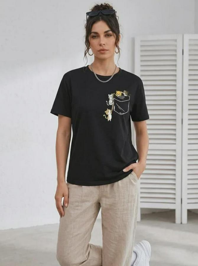 Sevimli Kedi Cep Baskılı Tişört Kısa Kol Yazlık T-Shirt