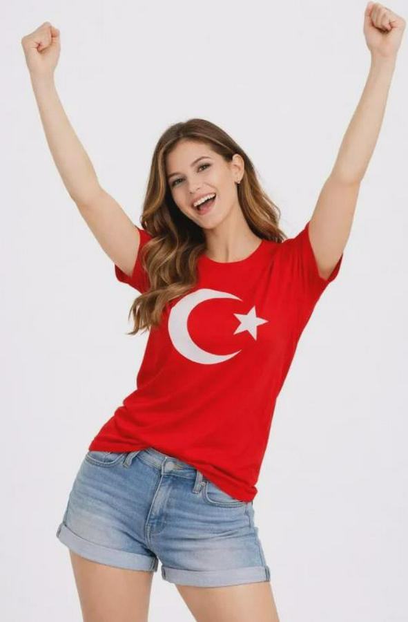 T-Shirt Kısa Kol Bisiklet Yaka Ay Yıldız Bayrak Baskılı Tişört