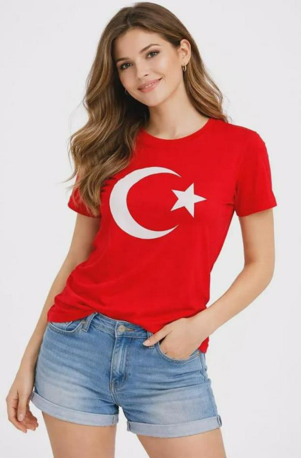 T-Shirt Kısa Kol Bisiklet Yaka Ay Yıldız Bayrak Baskılı Tişört