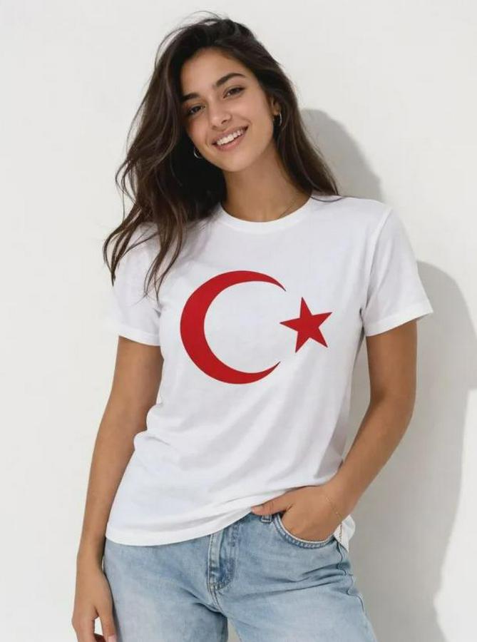 T-Shirt Kısa Kol Bisiklet Yaka Ay Yıldız Bayrak Baskılı Tişört