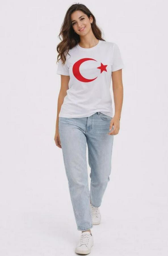 T-Shirt Kısa Kol Bisiklet Yaka Ay Yıldız Bayrak Baskılı Tişört