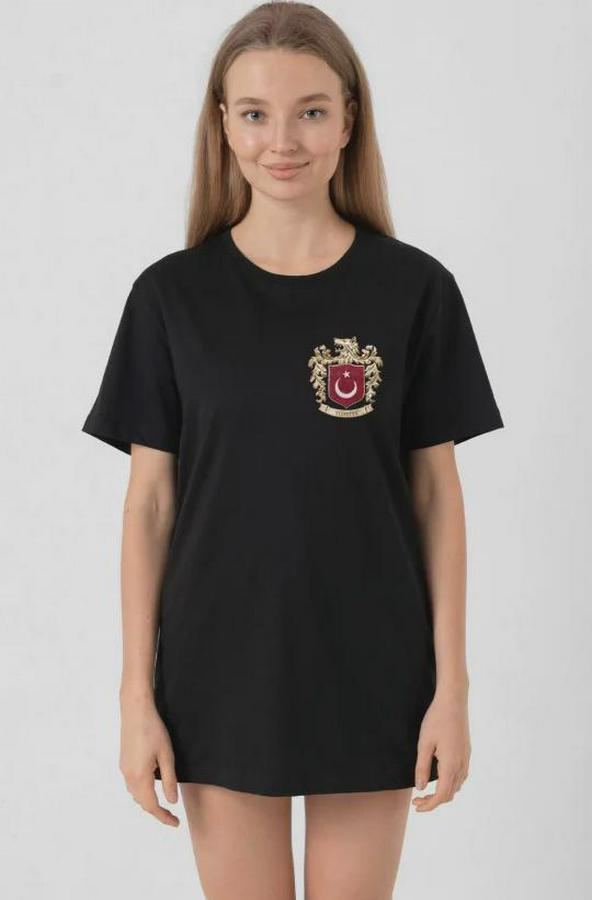 Türk Arma Baskılı Oversize Bisiklet Yaka Günlük T-Shirt